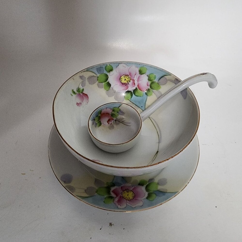 Vtg Meito China 3 pc Mayonnaise Bowl Set Japan Floral Hand Painted Dish MEI961
